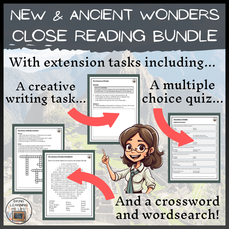 Graphic for New and Ancient SEVEN WONDERS reading activities bundle for 3rd and 4th grade students.