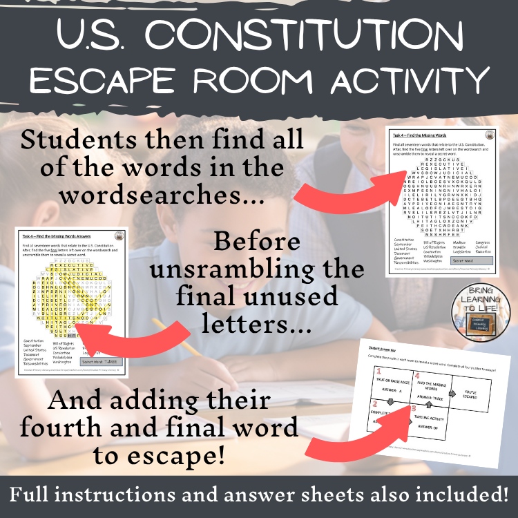 U.S. Constitution & Constitution Day Escape Room | Social Studies Activity