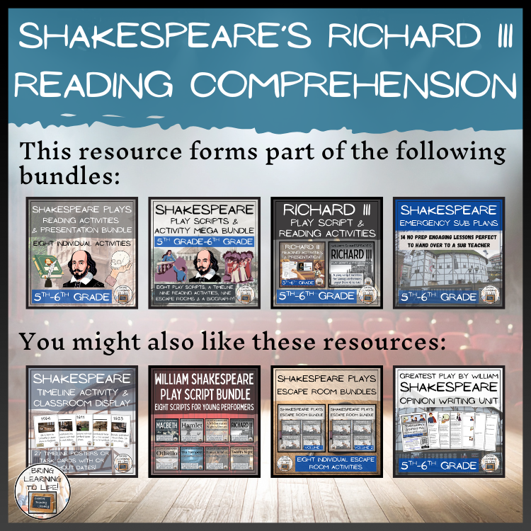 William Shakespeare's Richard III Close Reading Comprehension | 5th & 6th Grade