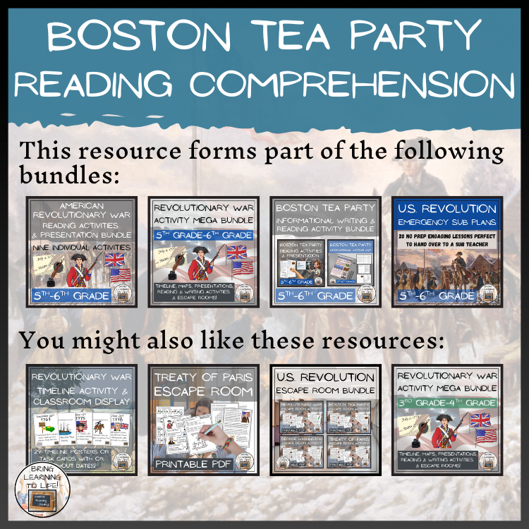 Boston Tea Party Close Reading Comprehension Activities | 5th Grade & 6th Grade