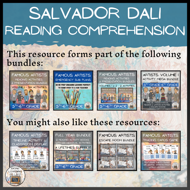 Salvador Dali Close Reading Comprehension Activities | 5th Grade & 6th Grade
