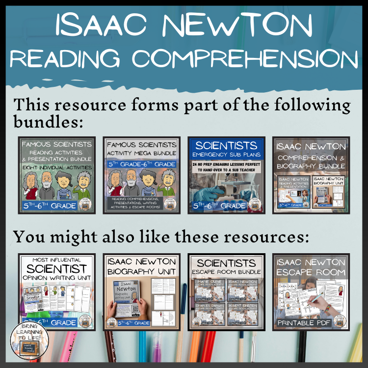Sir Isaac Newton Close Reading Comprehension Activities | 5th Grade & 6th Grade
