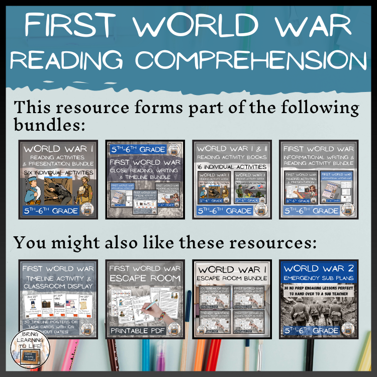 First World War Close Reading Comprehension Activities | 5th Grade & 6th Grade