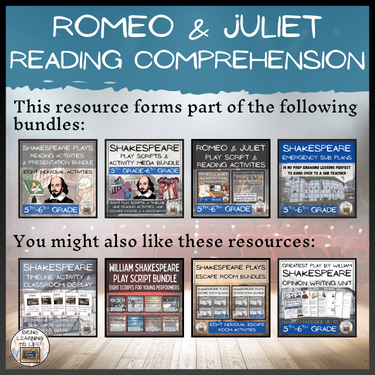 Romeo and Juliet Close Reading Comprehension Activities | 5th Grade & 6th Grade