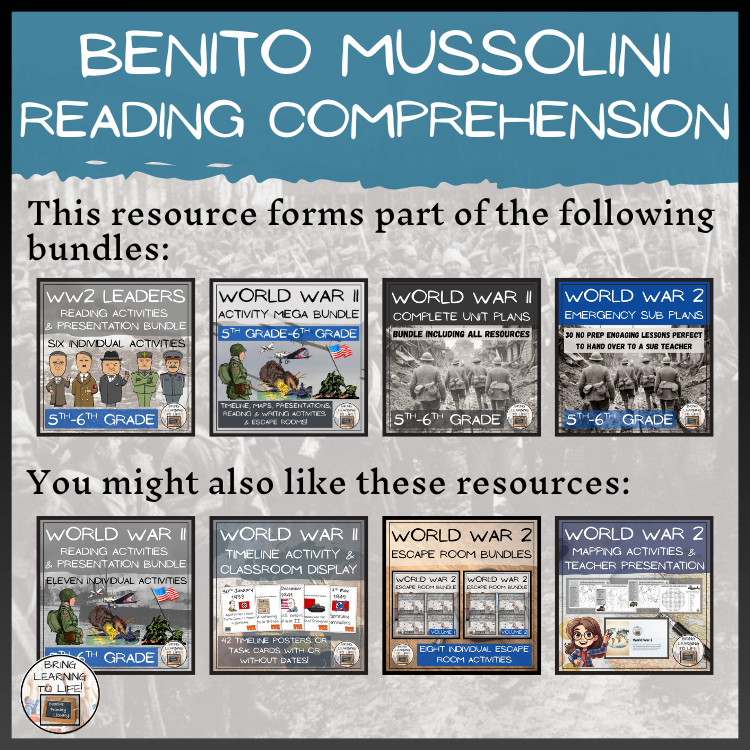 Benito Mussolini Close Reading Comprehension Activities | 5th Grade & 6th Grade