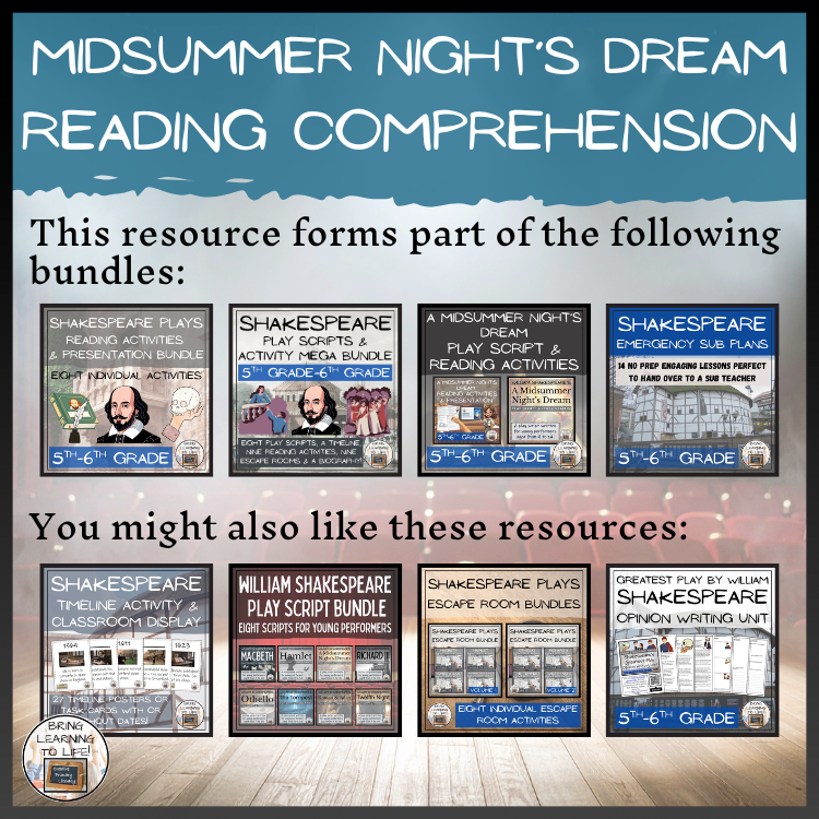 A Midsummer Night's Dream Close Reading Comprehension Activities | 5th & 6th Grade