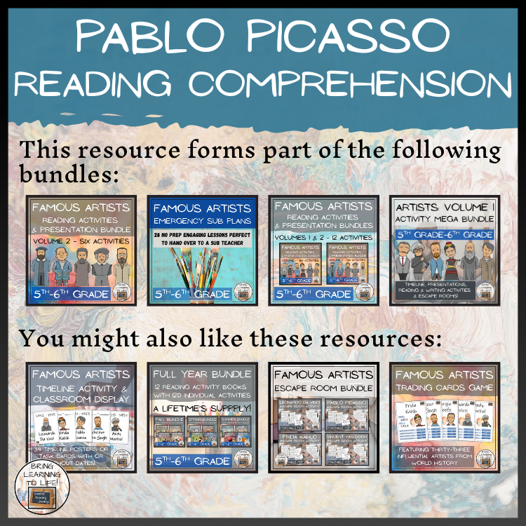 Pablo Picasso Close Reading Comprehension Activities | 5th Grade & 6th Grade