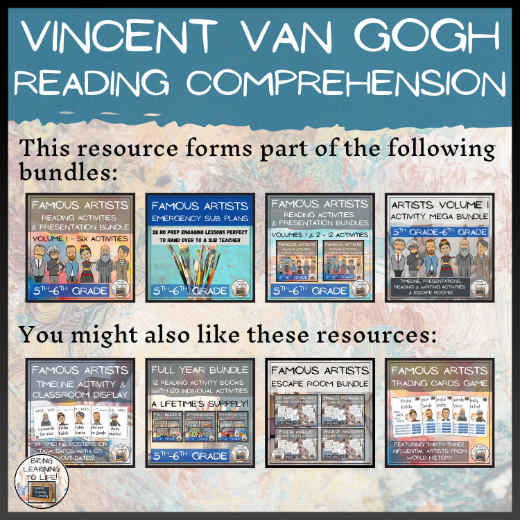 Vincent van Gogh Close Reading Comprehension Activities | 5th Grade & 6th Grade