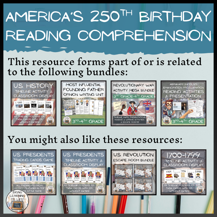 America's 250th Birthday Close Reading Comprehension Activities | 3rd–4th Grade