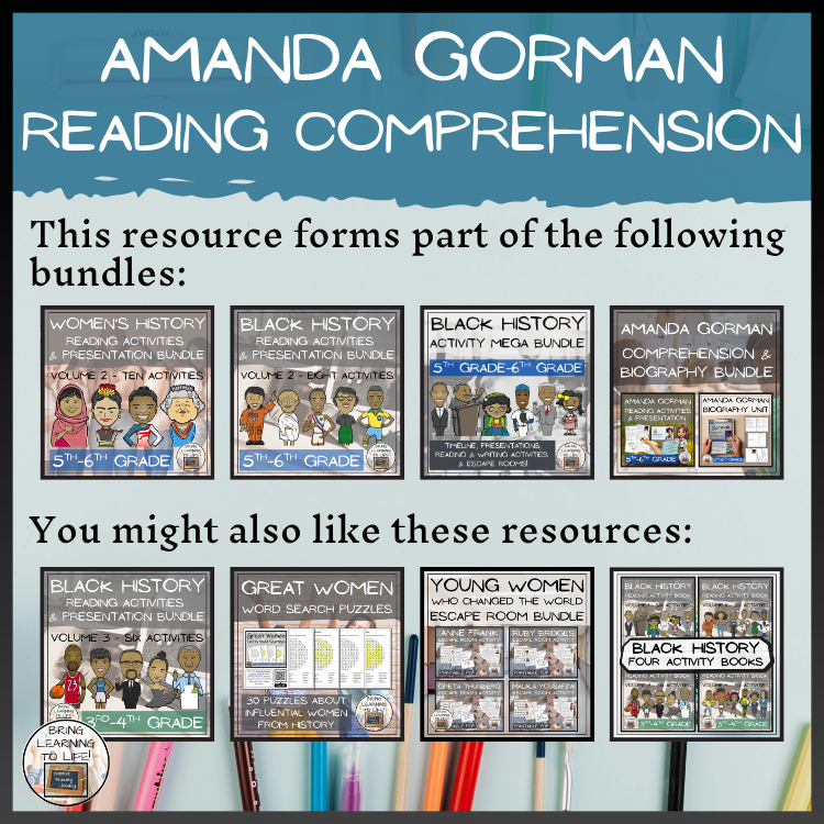 Amanda Gorman Close Reading Comprehension Activities | 5th Grade & 6th Grade