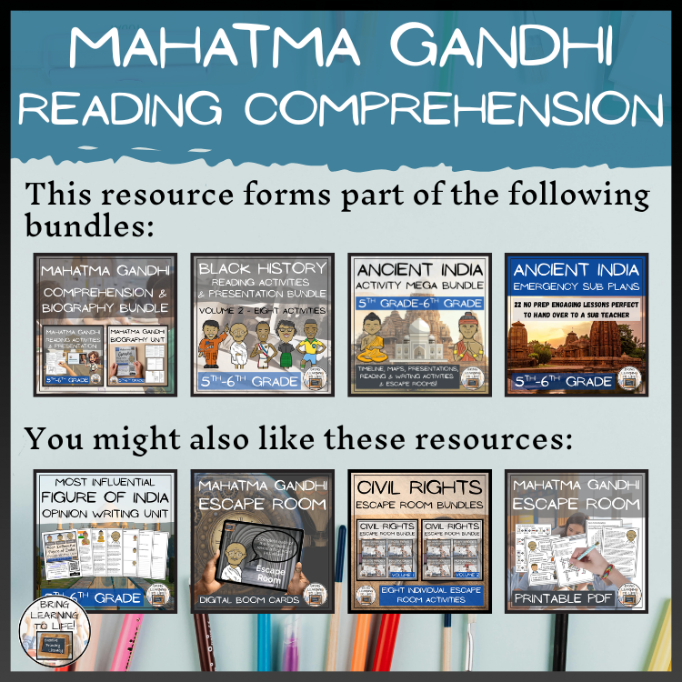 Mahatma Gandhi Close Reading Comprehension Activities | 5th Grade & 6th Grade