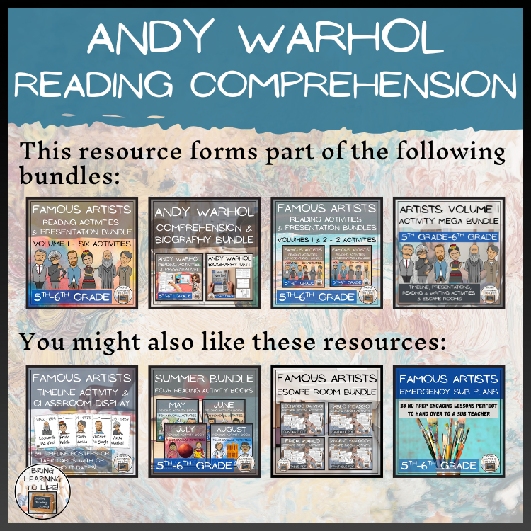 Andy Warhol Close Reading Comprehension Activities | 5th Grade & 6th Grade