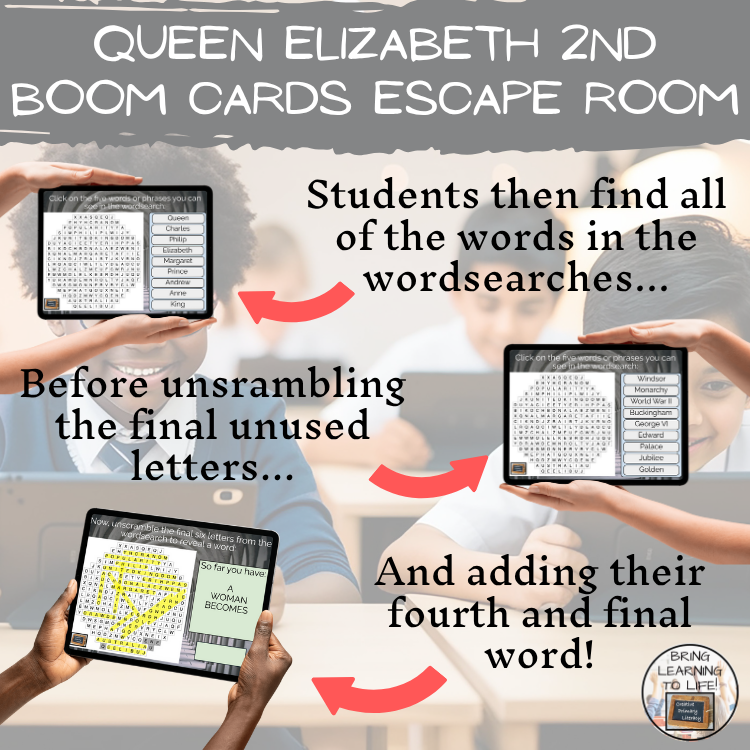 Queen Elizabeth II BOOM Cards Escape Room | Digital ELA Reading Activity