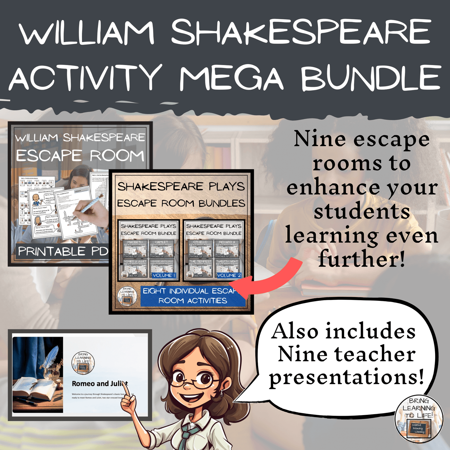 William Shakespeare Play Scripts & Activities Mega Bundle | 5th-6th Grade featuring escape room activities and teacher presentations.