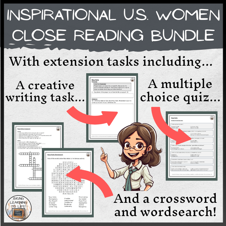 Inspirational U.S. Women Reading Activity Bundle for 3rd-4th grade featuring five historical women.