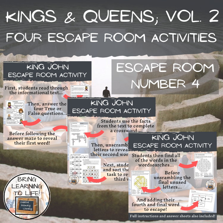 Kings and Queens of England Volume 2 Escape Room Activity Bundle | 5th-6th Grade