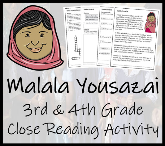 Malala Yousafzai Close Reading Comprehension Activity | 3rd Grade & 4th Grade