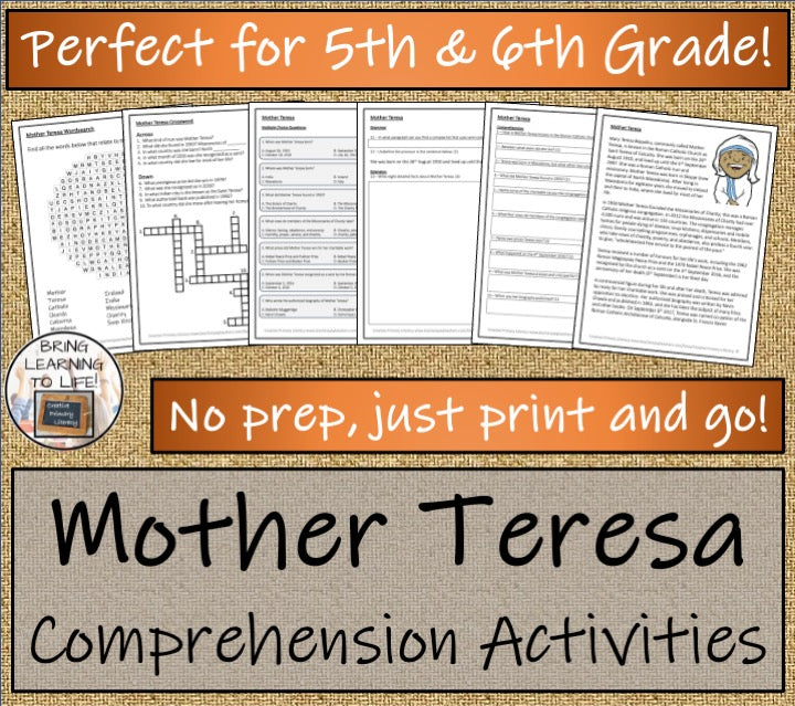 Mother Teresa Close Reading Comprehension Activities | 5th Grade & 6th Grade