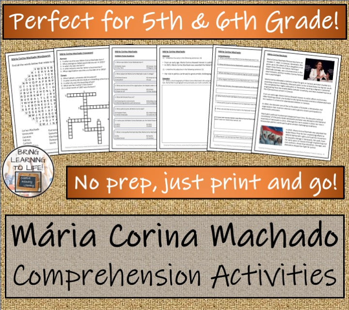 María Corina Machado Close Reading Comprehension Activities | 5th & 6th Grade