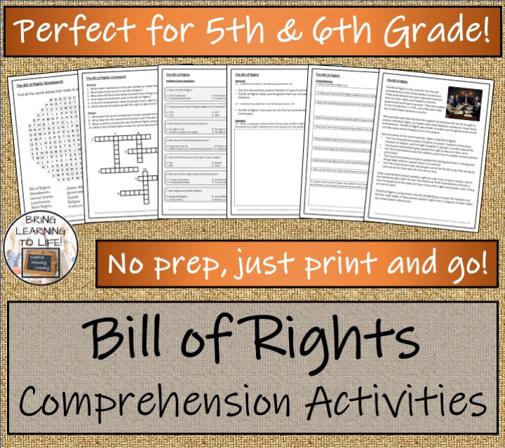 Bill of Rights Close Reading Comprehension Activities | 5th Grade & 6th Grade