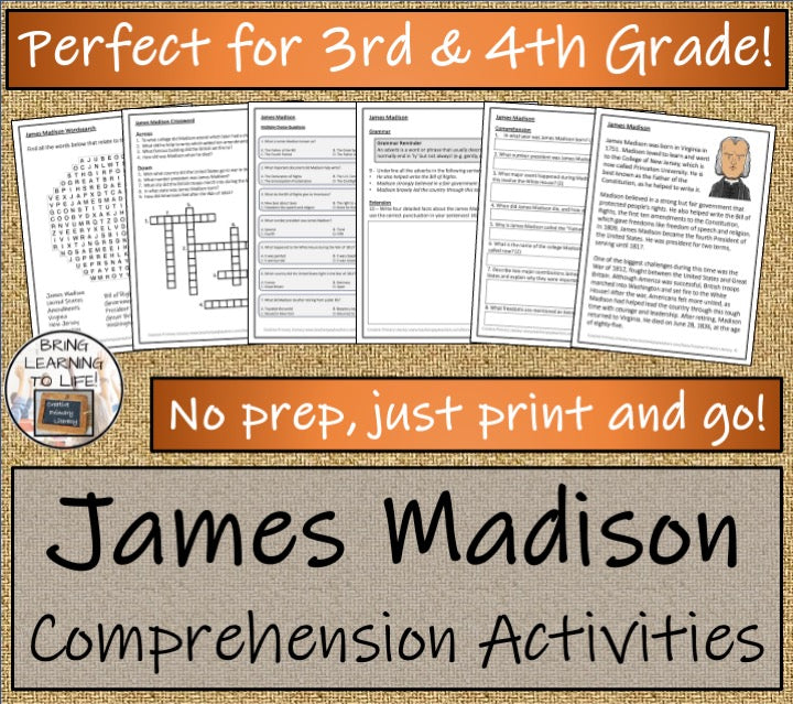 James Madison Close Reading Comprehension Activity | 3rd Grade & 4th Grade