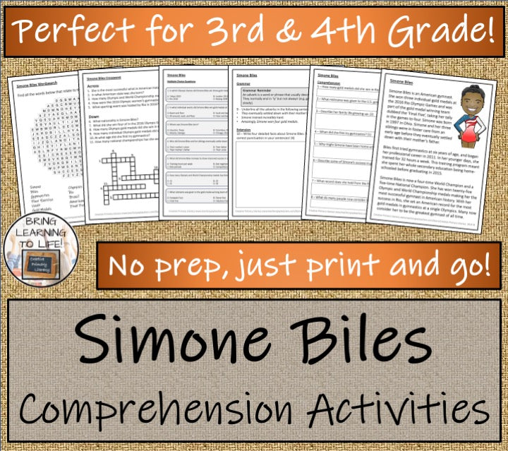 Simone Biles Close Reading Comprehension Activities | 3rd Grade & 4th Grade