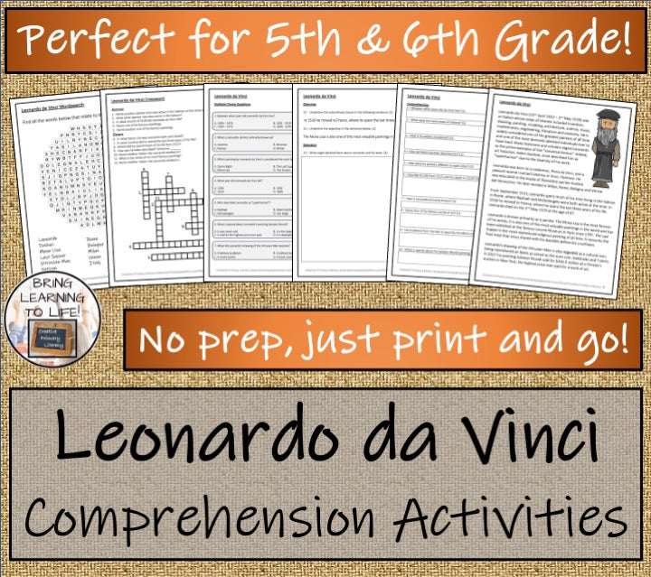 Leonardo da Vinci Close Reading Comprehension Activities | 5th Grade & 6th Grade