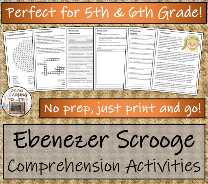 Ebenezer Scrooge Close Reading Comprehension Activities | 5th Grade & 6th Grade