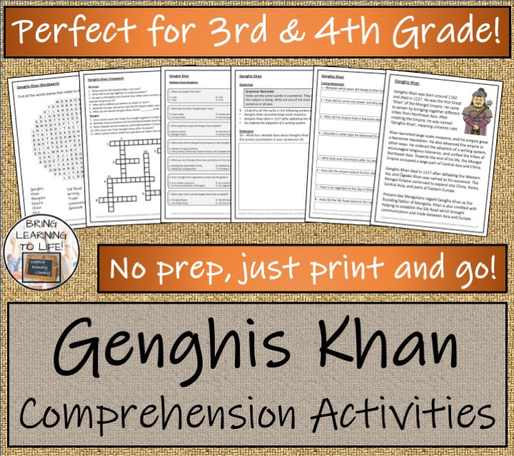 Genghis Khan Close Reading Comprehension Activities | 3rd Grade & 4th Grade