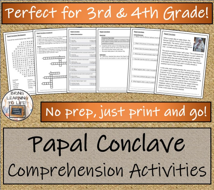 Papal Conclave Close Reading Comprehension Activities | 3rd Grade & 4th Grade