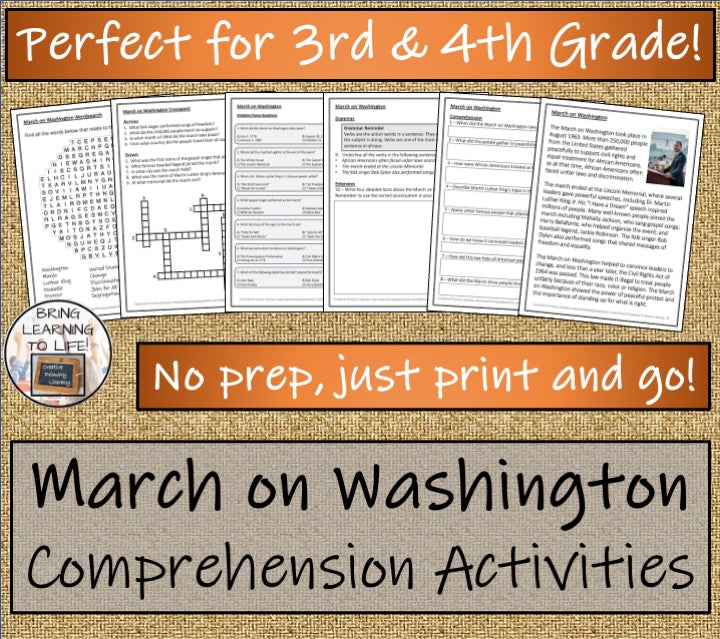 March on Washington Close Reading Comprehension Activities | 3rd & 4th Grade