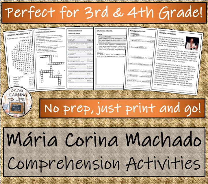 María Corina Machado Close Reading Comprehension Activities | 3rd & 4th Grade