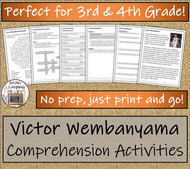 Victor Wembanyama Close Reading Comprehension Activities | 3rd Grade & 4th Grade