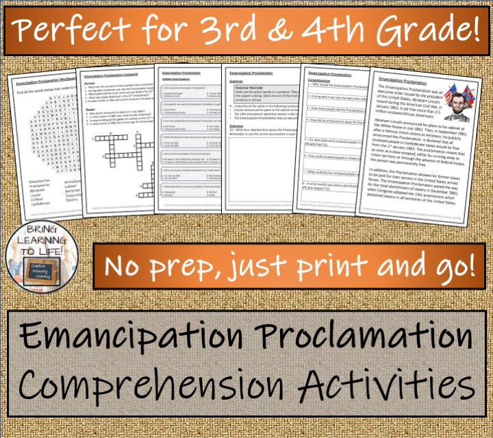 Emancipation Proclamation Close Reading & Comprehension Activities 3rd-4th Grade