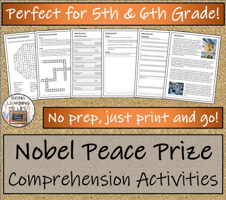 Nobel Peace Prize Close Reading Comprehension Activities | 5th Grade & 6th Grade