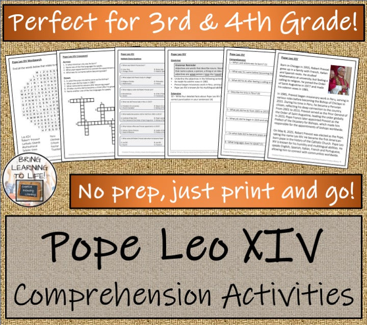 Pope Leo XIV Close Reading Comprehension Activities | 3rd Grade & 4th Grade