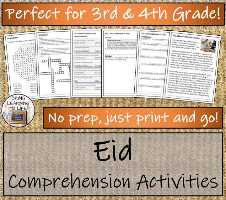 Eid Close Reading Comprehension Activities | 3rd Grade & 4th Grade