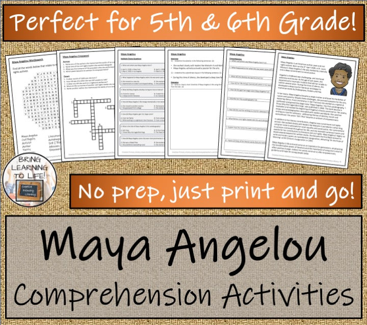 Maya Angelou Close Reading Comprehension Activities | 5th Grade & 6th Grade