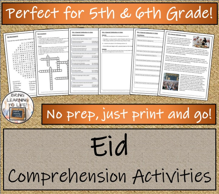 Eid Close Reading Comprehension Activities | 5th Grade & 6th Grade