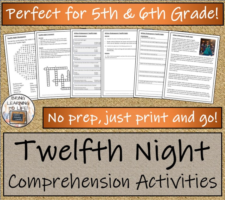 Twelfth Night Close Reading Comprehension Activities | 5th Grade & 6th Grade