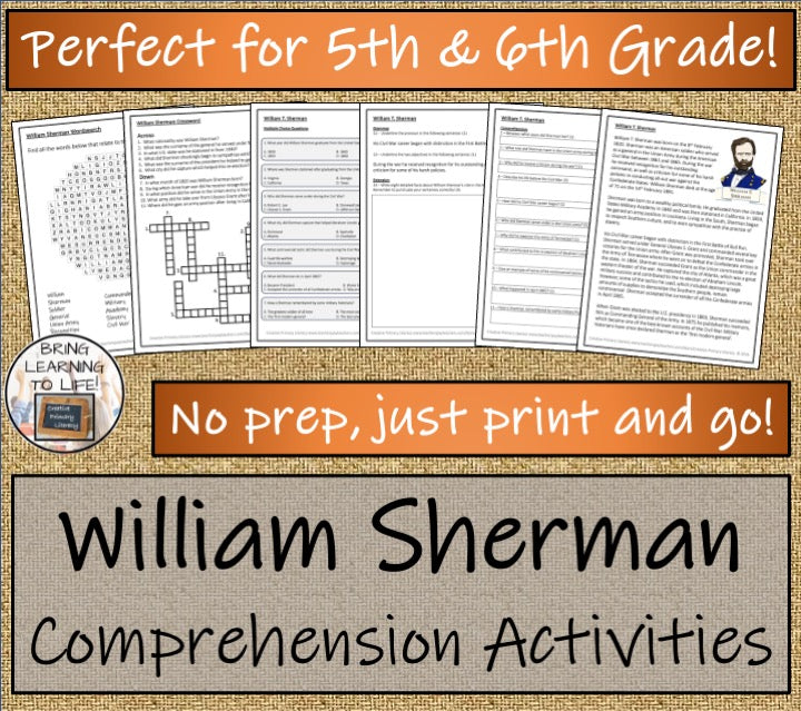 William Sherman Close Reading Comprehension Activities | 5th Grade & 6th Grade