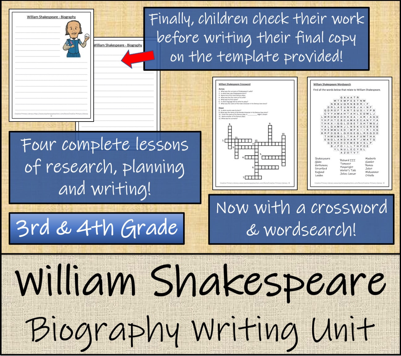 William Shakespeare Biography Writing Unit | 3rd Grade & 4th Grade