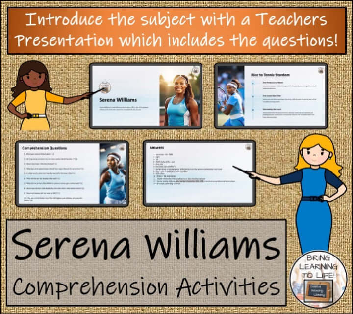 Serena Williams Close Reading & Biography Bundle | 5th Grade & 6th Grade featuring comprehension activities and teacher presentation.