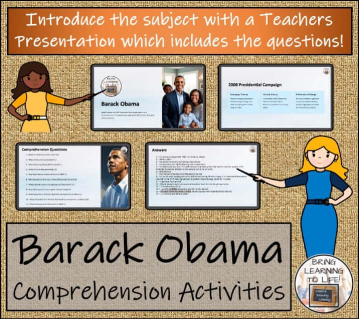 Barack Obama Close Reading & Biography Bundle | 5th Grade & 6th Grade featuring comprehension activities and teacher presentation.