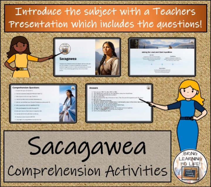 Sacagawea Close Reading & Biography Bundle | 5th Grade & 6th Grade comprehension activities and teacher presentation.
