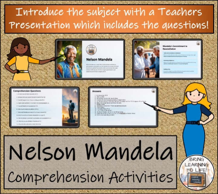 Nelson Mandela biography bundle featuring comprehension activities for 5th and 6th grade students.