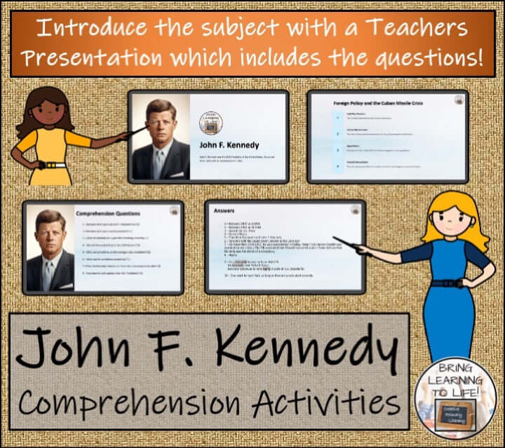 John F. Kennedy Close Reading & Biography Bundle | 3rd Grade & 4th Grade with teacher presentation and comprehension activities.
