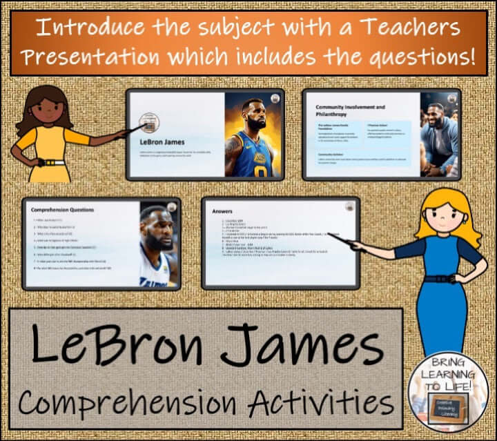 LeBron James Close Reading & Biography Bundle | 3rd Grade & 4th Grade, comprehension activities overview with teacher's presentation.