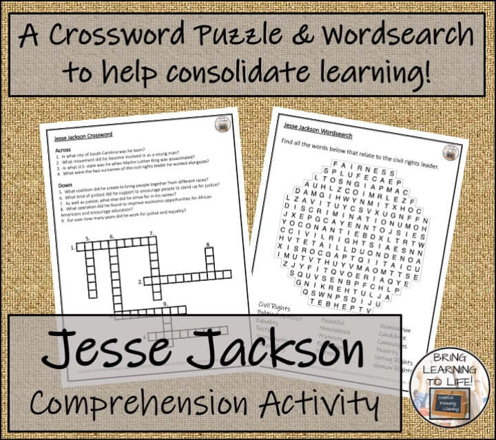 Jesse Jackson Biography Project & Writing Unit | 5th Grade & 6th Grade crossword puzzle and wordsearch comprehension activity.