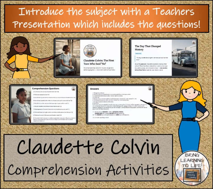 Claudette Colvin comprehension activities for Black History with teacher presentation and questions.